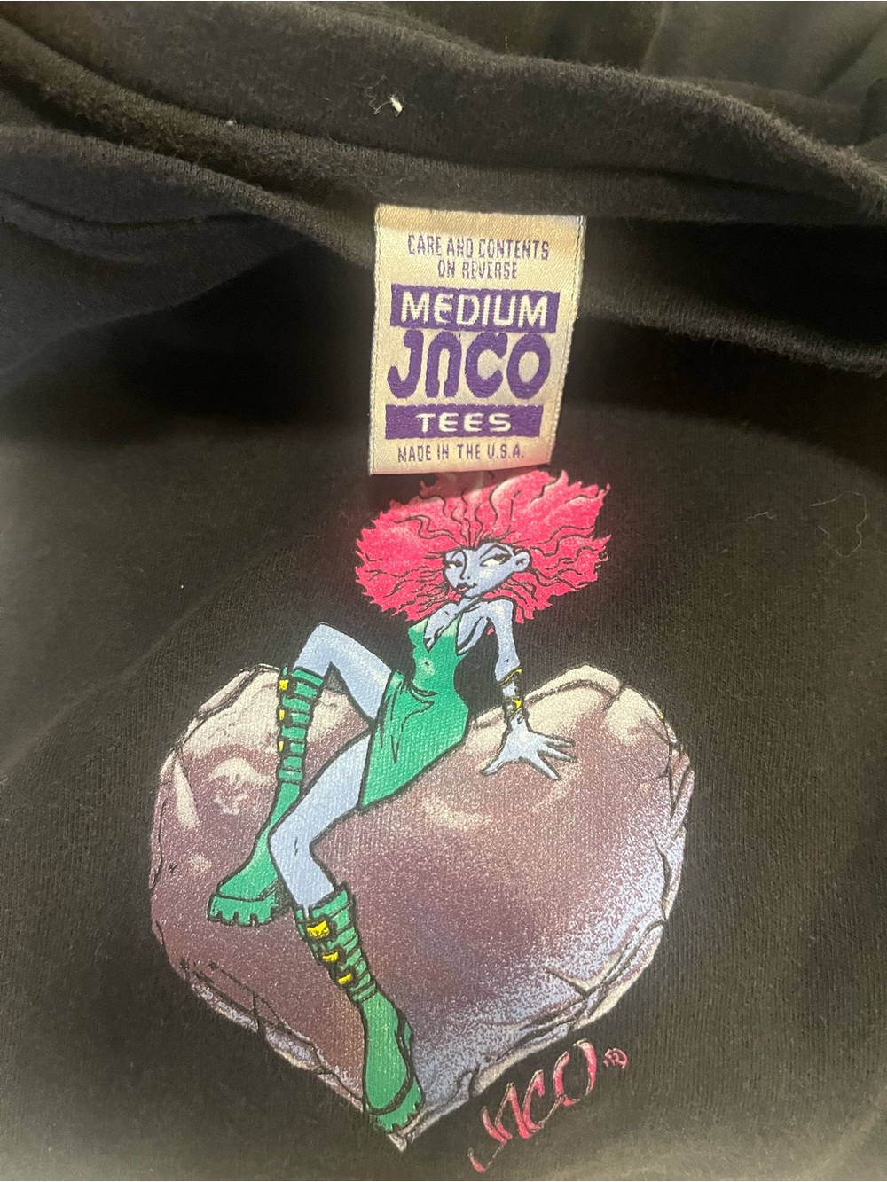 Vintage JNCO Black Tee with Pink Hair Character on Green Outfit